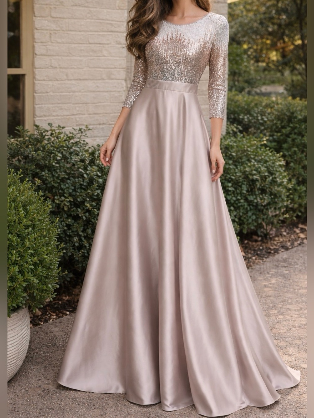 $$$ GORGEOUS SEQUIN MOCHA, SILVER, & GOLD AMAZING BALLGOWN FORMAL SATIN DRESS